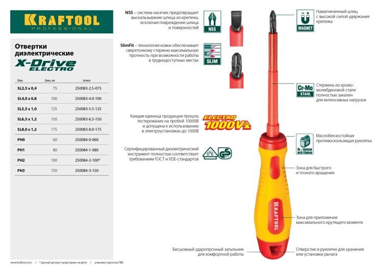 KRAFTOOL SL8 х 175 мм, высоковольтная отвертка (250083-8.0-175)